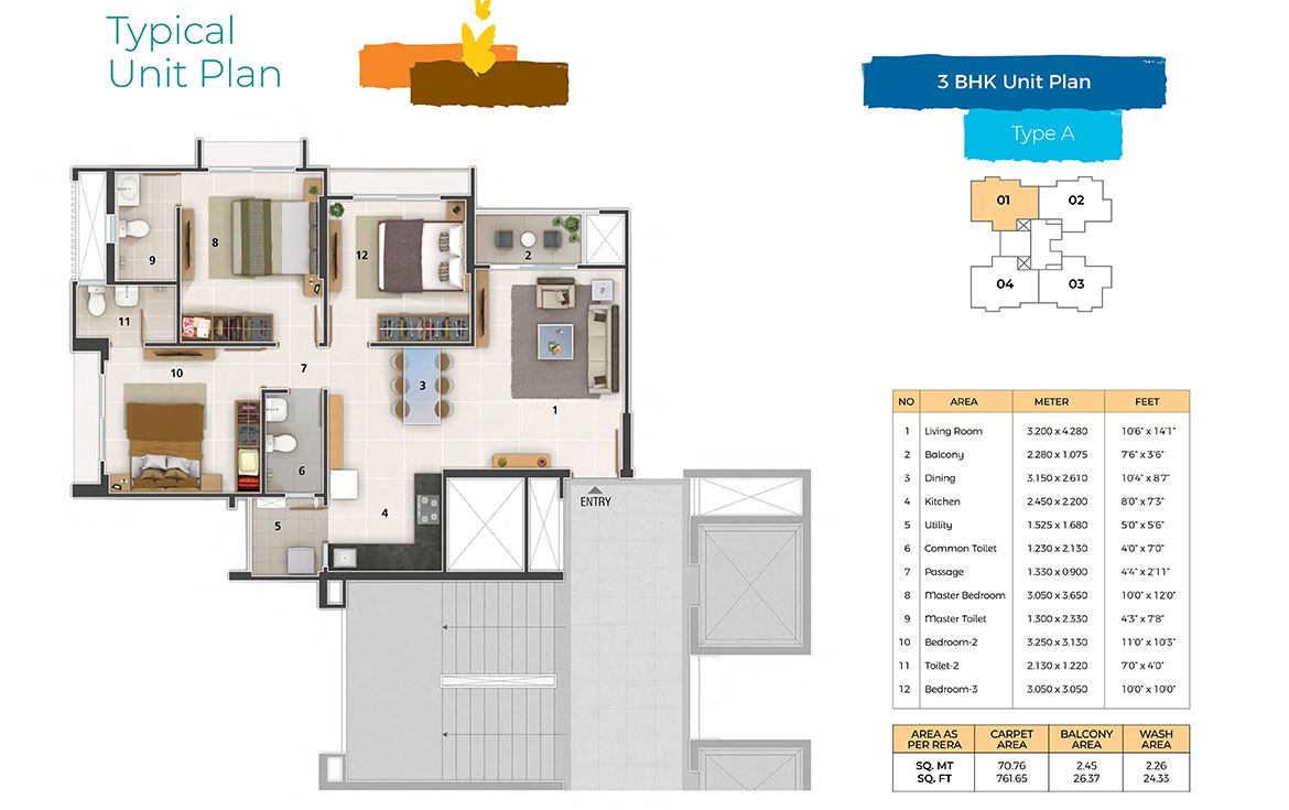 Amogha Typical 3 BHK Unit Plan