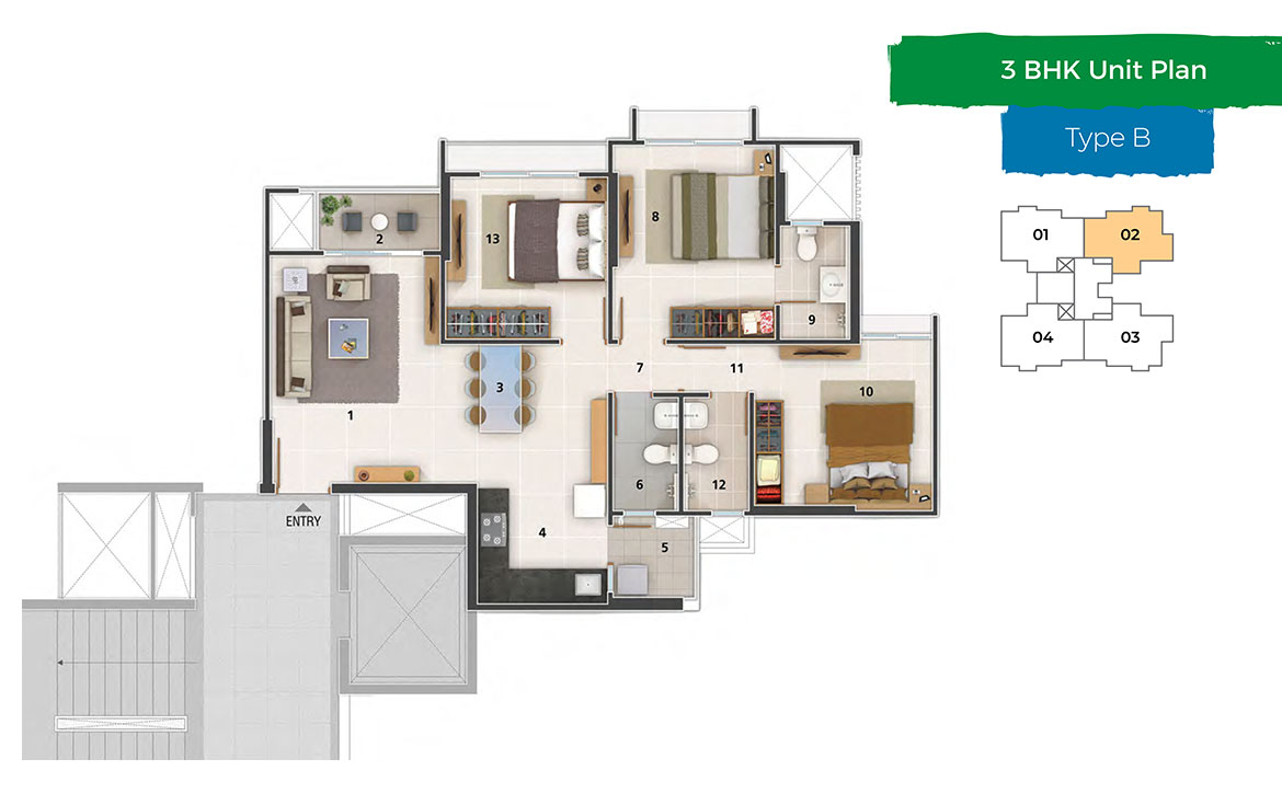 Amogha Typical 3 BHK Unit Plan