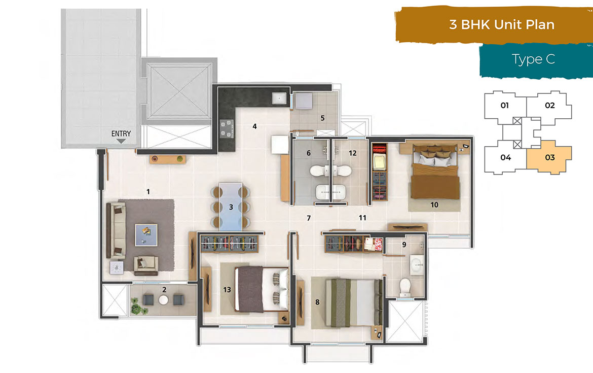 Amogha Typical 3 BHK Unit Plan